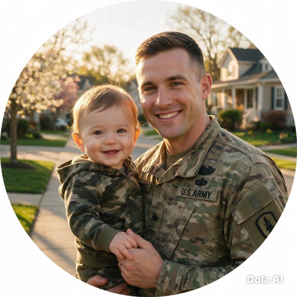 AI-generated smiling U.S. Army soldier holding a smiling baby outdoors