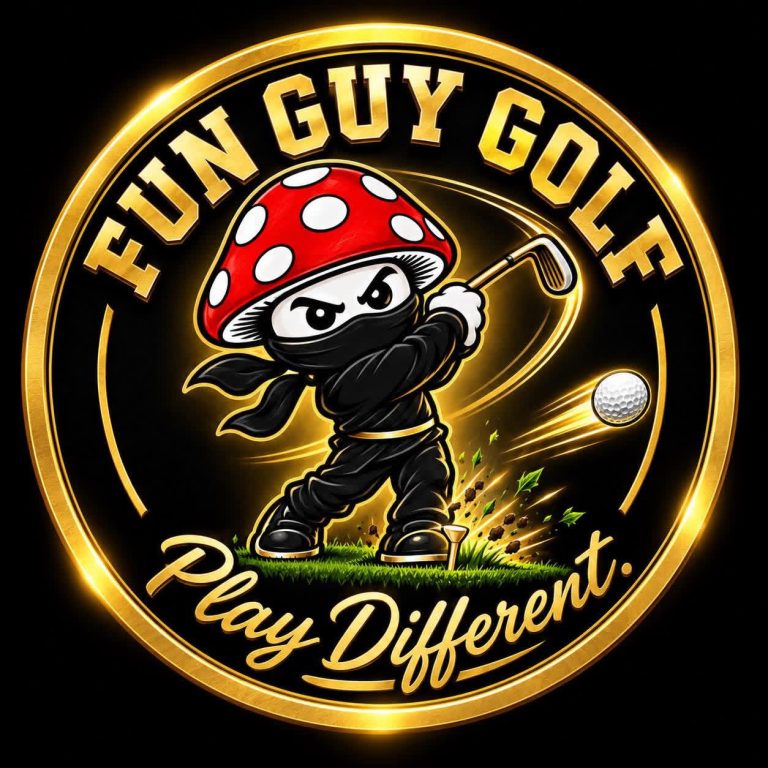Fun Guy Golf Play Different logo with mushroom ninja golfer mascot