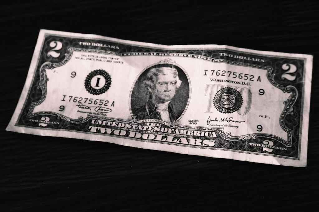 US two-dollar banknote, illustrative of the note denomination